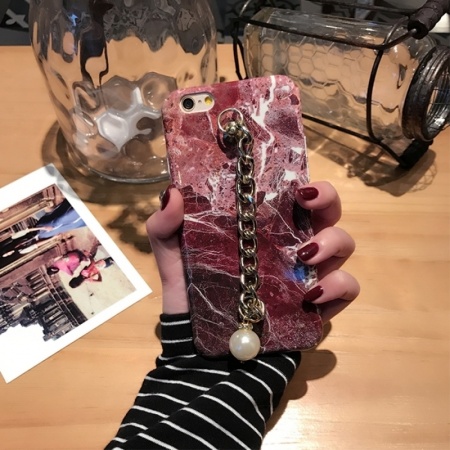For iPhone 6 & 6s Marble Pattern Full Coverage Hard Protective Back Cover Case with Pearls Hand Chain