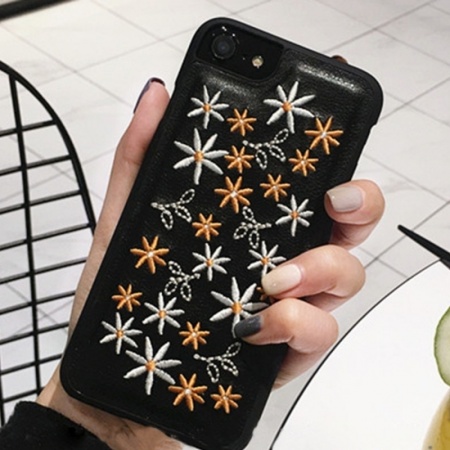 For iPhone 6 & 6s Embroidery Stars and Flowers PU Leather Protective Back Cover Hard Case