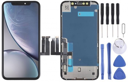 Pantalla de repuesto y herramientas para iPhone XR, incluyendo destornilladores y palancas de apertura.